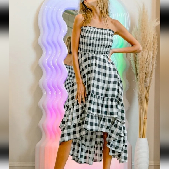 Smocked Body Off Shoulder Check Dress - Picture 5 of 5